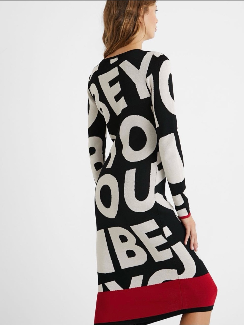 Desigual Black White Graphic Midi Dress with Asymmetrical Red Hem says BE YOU! - Picture 2 of 9